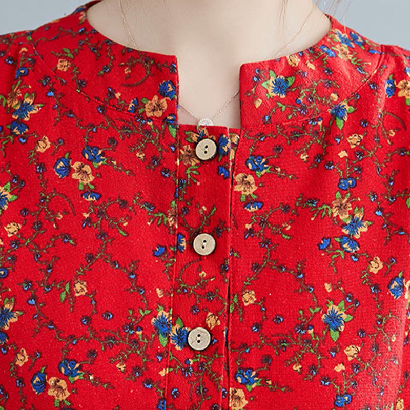 Buddha Stones Commute Floral Drawstring Women's Long Sleeve Cotton Midi Dress With Pockets