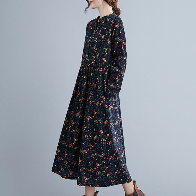 Buddha Stones Commute Floral Drawstring Women's Long Sleeve Cotton Midi Dress With Pockets