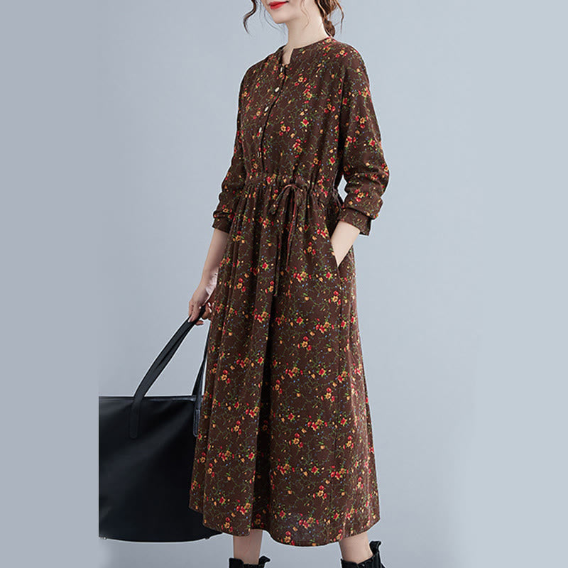 Buddha Stones Commute Floral Drawstring Women's Long Sleeve Cotton Midi Dress With Pockets