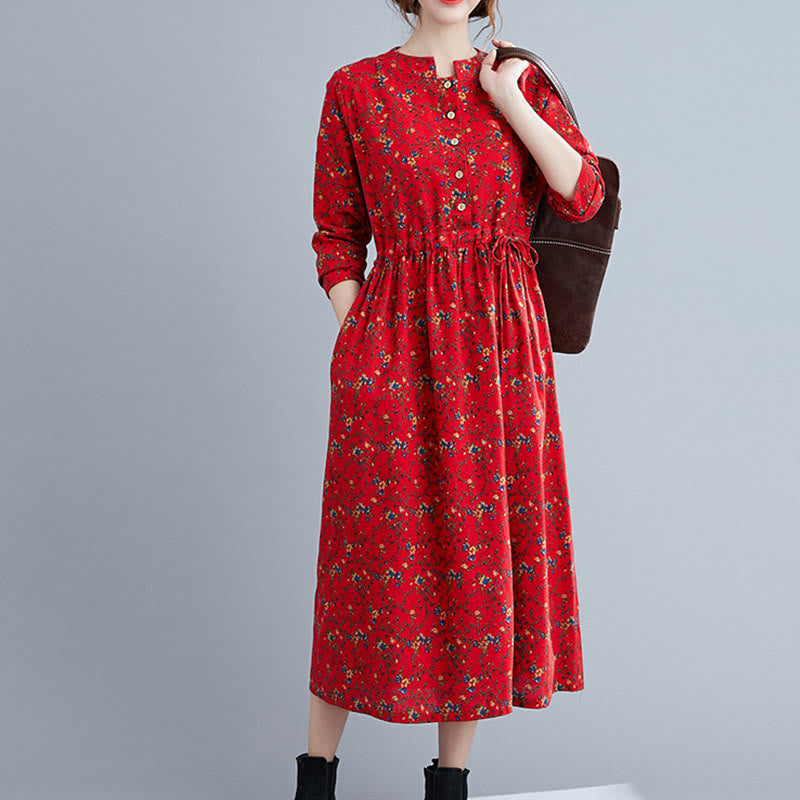 Buddha Stones Commute Floral Drawstring Women's Long Sleeve Cotton Midi Dress With Pockets