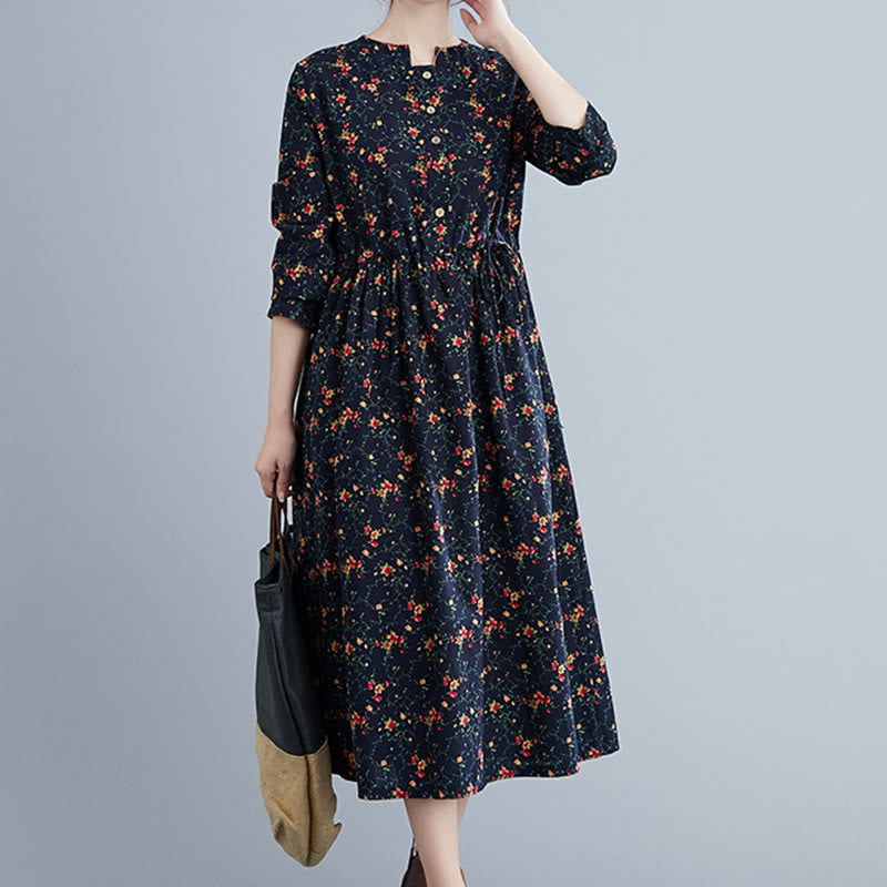 Buddha Stones Commute Floral Drawstring Women's Long Sleeve Cotton Midi Dress With Pockets