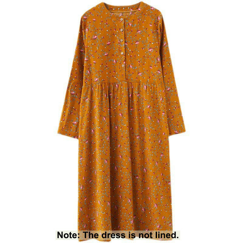 Buddha Stones Commute Floral Drawstring Women's Long Sleeve Cotton Midi Dress With Pockets