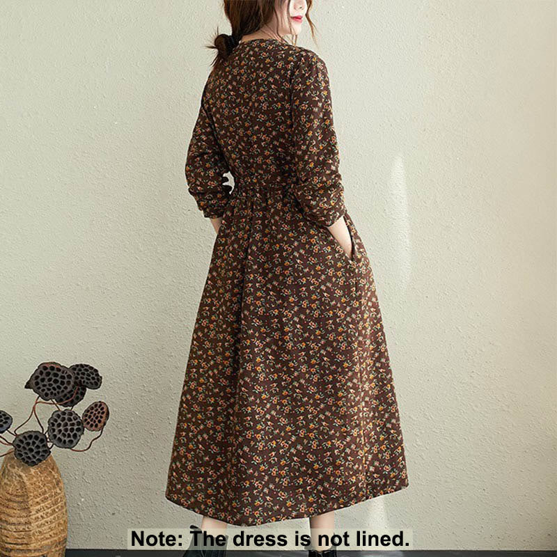Buddha Stones Commute Floral Drawstring Women's Long Sleeve Cotton Midi Dress With Pockets