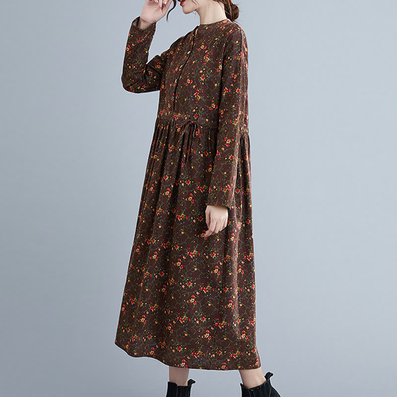 Buddha Stones Commute Floral Drawstring Women's Long Sleeve Cotton Midi Dress With Pockets