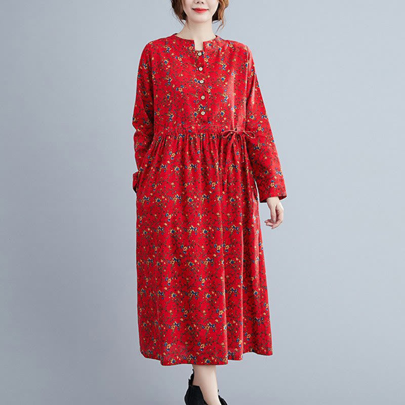 Buddha Stones Commute Floral Drawstring Women's Long Sleeve Cotton Midi Dress With Pockets