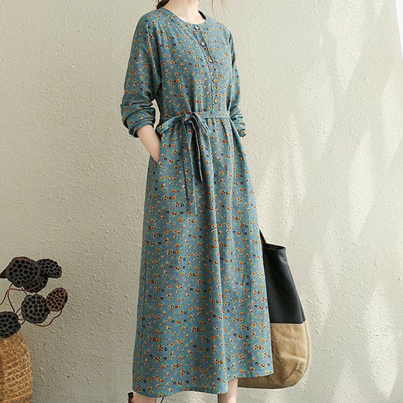 Buddha Stones Commute Floral Drawstring Women's Long Sleeve Cotton Midi Dress With Pockets