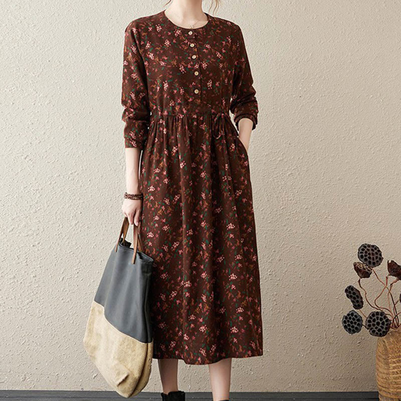Buddha Stones Commute Floral Drawstring Women's Long Sleeve Cotton Midi Dress With Pockets