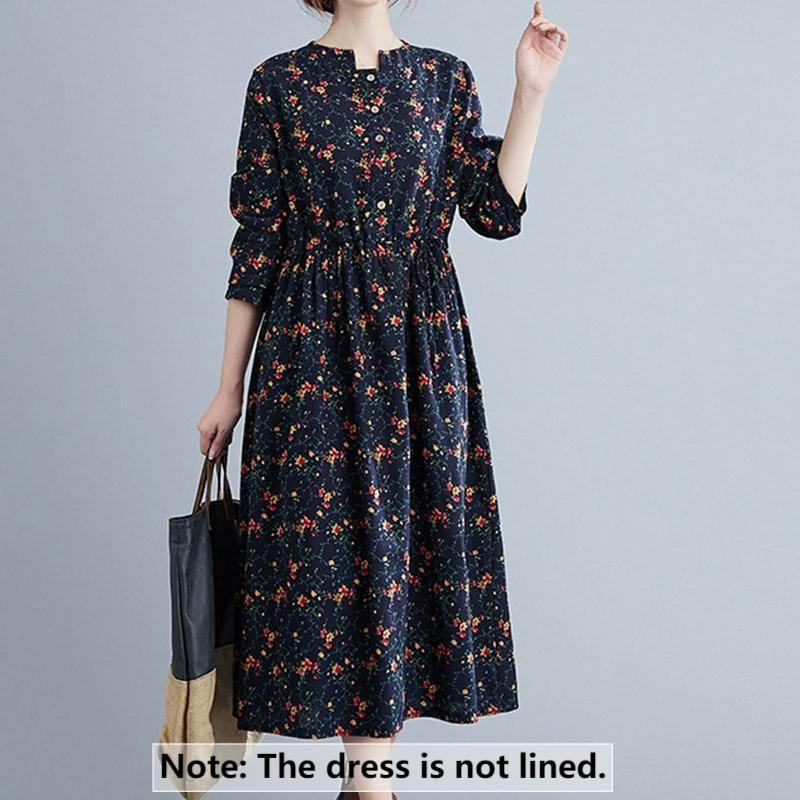 Buddha Stones Commute Floral Drawstring Women's Long Sleeve Cotton Midi Dress With Pockets