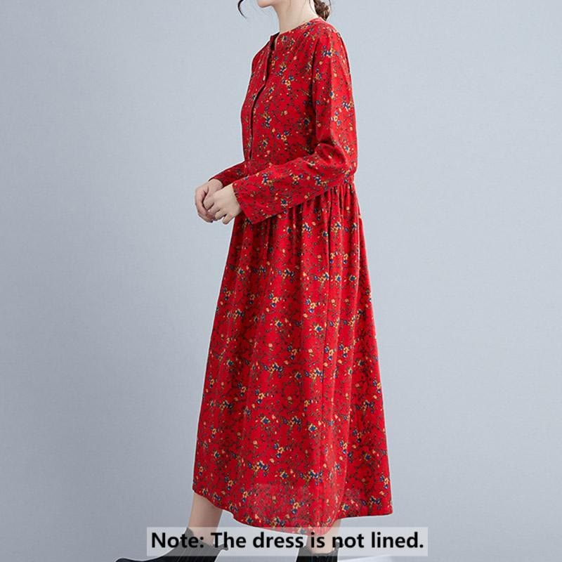 Buddha Stones Commute Floral Drawstring Women's Long Sleeve Cotton Midi Dress With Pockets