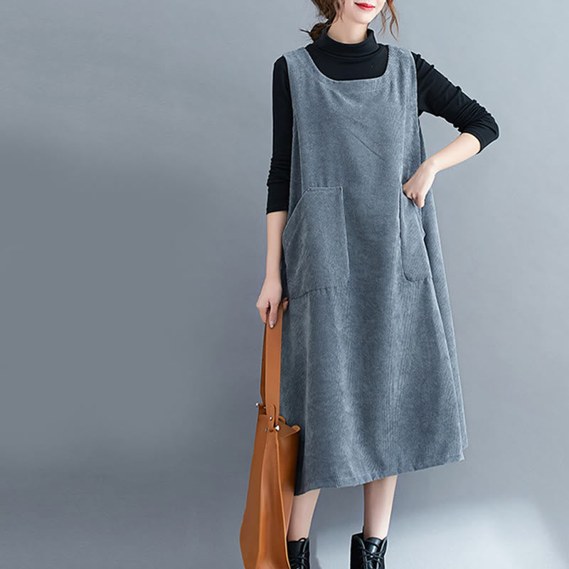 Buddha Stones Commute Crew Neck Women's Sleeveless Cotton Corduroy Midi Dress With Pockets