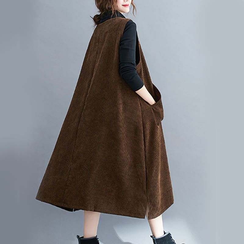 Buddha Stones Commute Crew Neck Women's Sleeveless Cotton Corduroy Midi Dress With Pockets