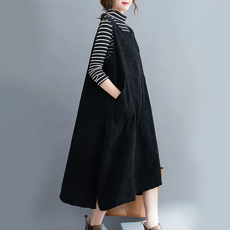 Buddha Stones Commute Crew Neck Women's Sleeveless Cotton Corduroy Midi Dress With Pockets