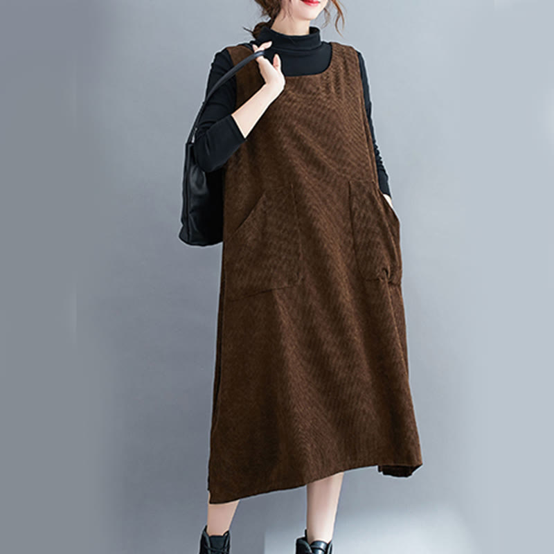 Buddha Stones Commute Crew Neck Women's Sleeveless Cotton Corduroy Midi Dress With Pockets