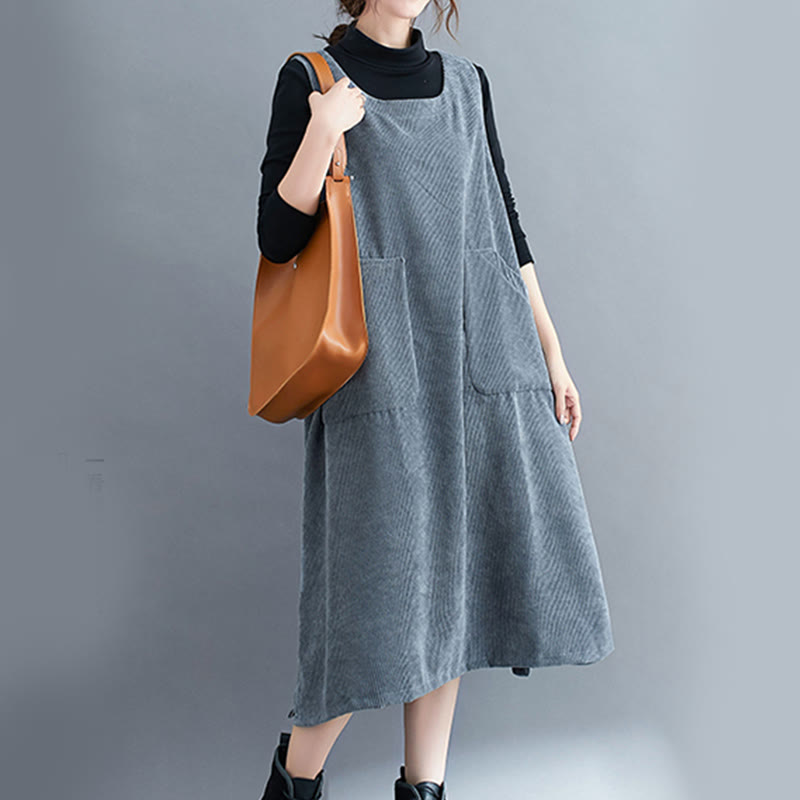 Buddha Stones Commute Crew Neck Women's Sleeveless Cotton Corduroy Midi Dress With Pockets