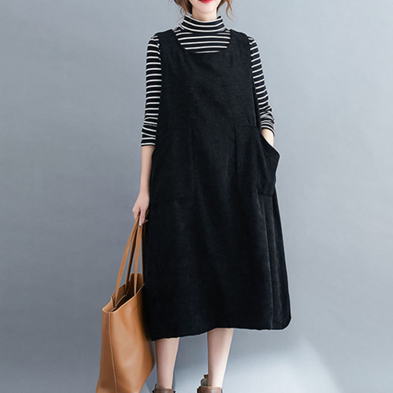 Buddha Stones Commute Crew Neck Women's Sleeveless Cotton Corduroy Midi Dress With Pockets