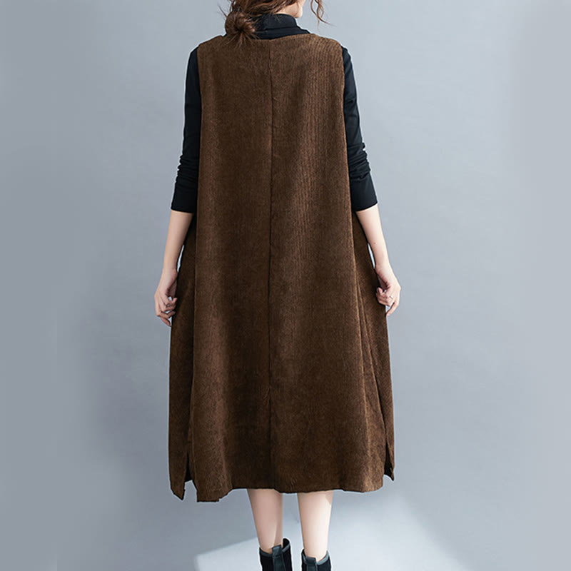 Buddha Stones Commute Crew Neck Women's Sleeveless Cotton Corduroy Midi Dress With Pockets