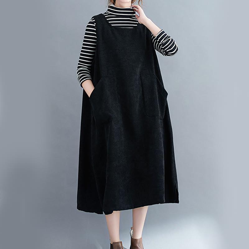 Buddha Stones Commute Crew Neck Women's Sleeveless Cotton Corduroy Midi Dress With Pockets
