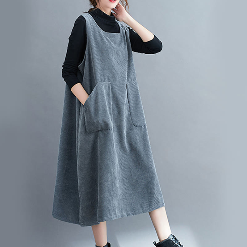 Buddha Stones Commute Crew Neck Women's Sleeveless Cotton Corduroy Midi Dress With Pockets