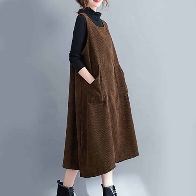 Buddha Stones Commute Crew Neck Women's Sleeveless Cotton Corduroy Midi Dress With Pockets