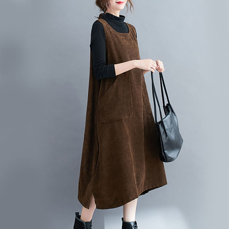 Buddha Stones Commute Crew Neck Women's Sleeveless Cotton Corduroy Midi Dress With Pockets