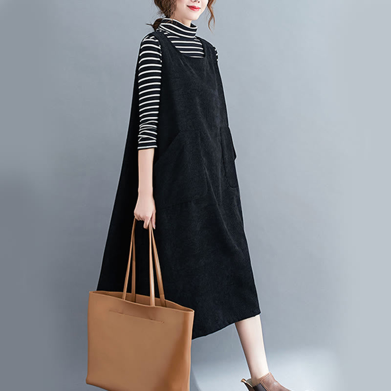 Buddha Stones Commute Crew Neck Women's Sleeveless Cotton Corduroy Midi Dress With Pockets