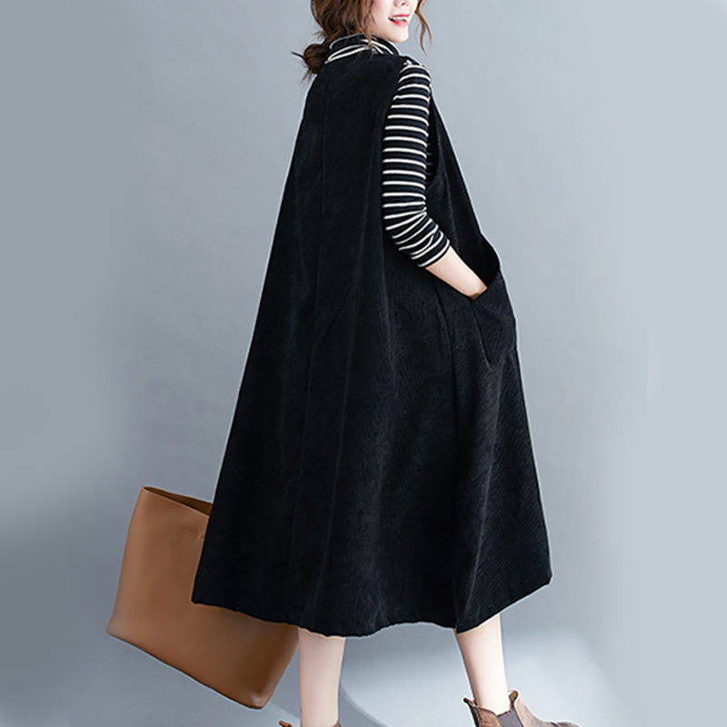 Buddha Stones Commute Crew Neck Women's Sleeveless Cotton Corduroy Midi Dress With Pockets
