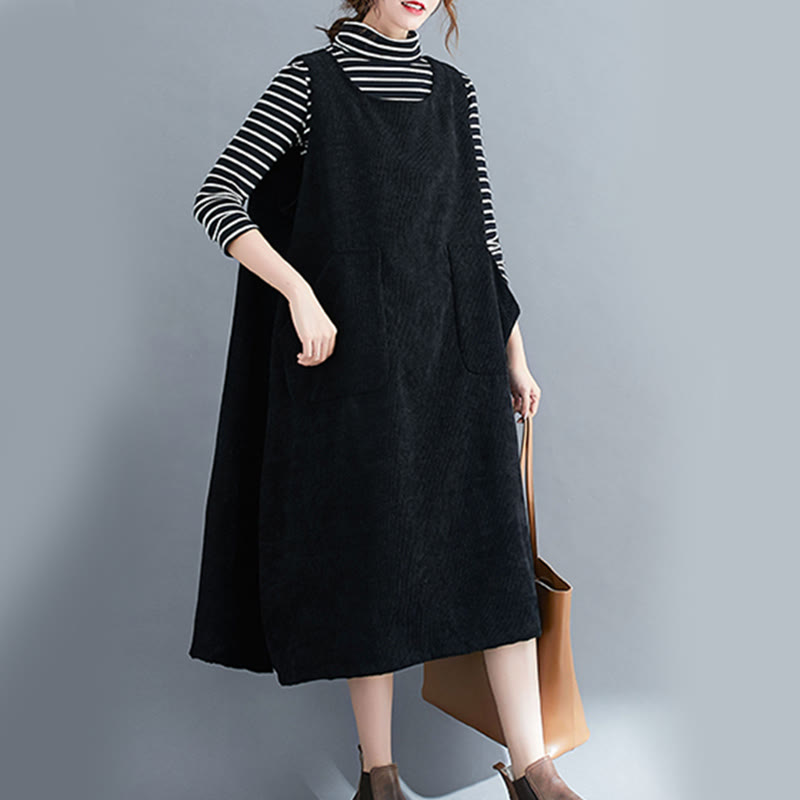 Buddha Stones Commute Crew Neck Women's Sleeveless Cotton Corduroy Midi Dress With Pockets