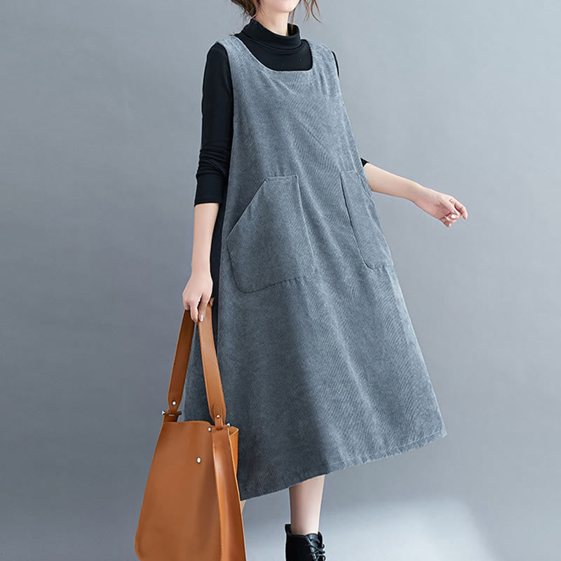 Buddha Stones Commute Crew Neck Women's Sleeveless Cotton Corduroy Midi Dress With Pockets
