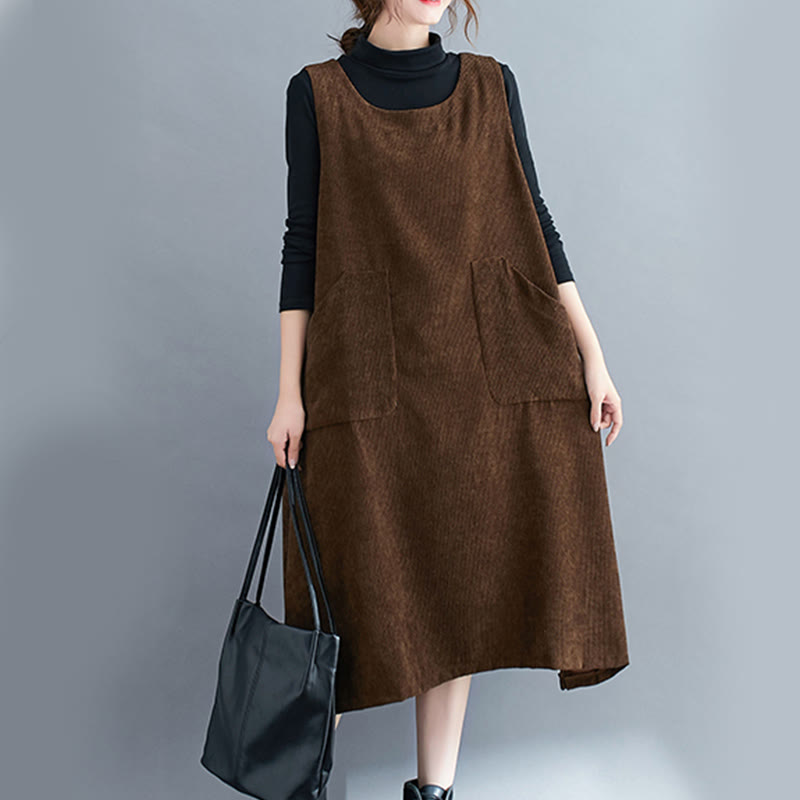 Buddha Stones Commute Crew Neck Women's Sleeveless Cotton Corduroy Midi Dress With Pockets