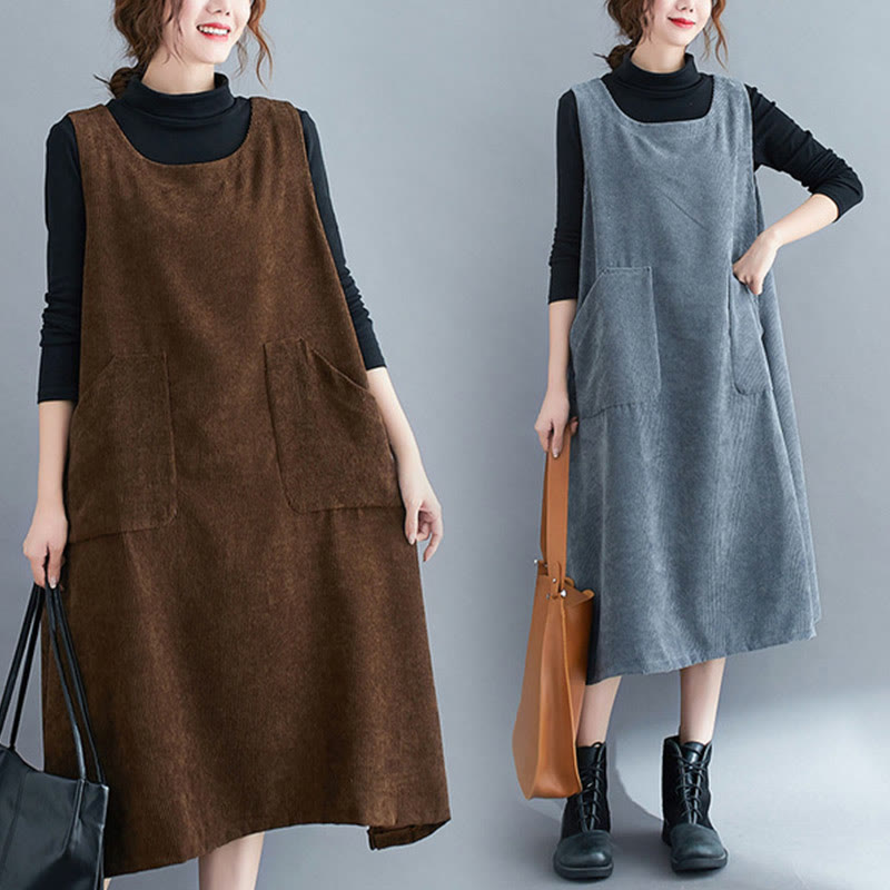 Buddha Stones Commute Crew Neck Women's Sleeveless Cotton Corduroy Midi Dress With Pockets