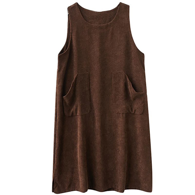 Buddha Stones Commute Crew Neck Women's Sleeveless Cotton Corduroy Midi Dress With Pockets