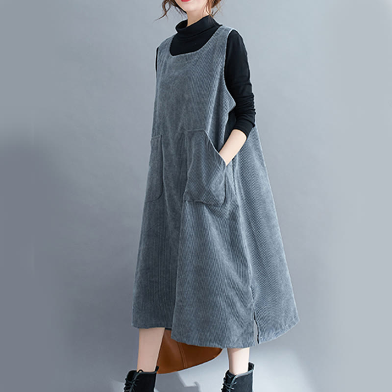 Buddha Stones Commute Crew Neck Women's Sleeveless Cotton Corduroy Midi Dress With Pockets