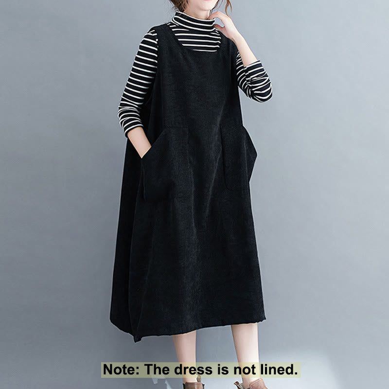 Buddha Stones Commute Crew Neck Women's Sleeveless Cotton Corduroy Midi Dress With Pockets