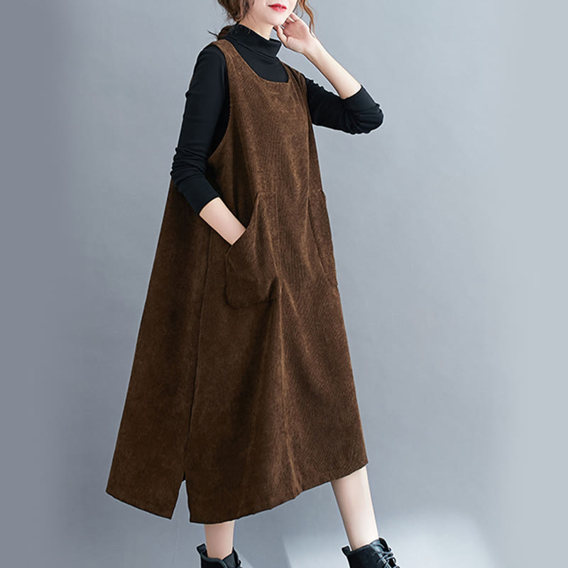 Buddha Stones Commute Crew Neck Women's Sleeveless Cotton Corduroy Midi Dress With Pockets