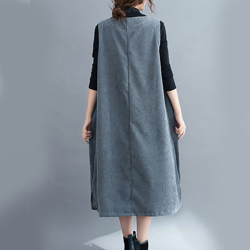 Buddha Stones Commute Crew Neck Women's Sleeveless Cotton Corduroy Midi Dress With Pockets