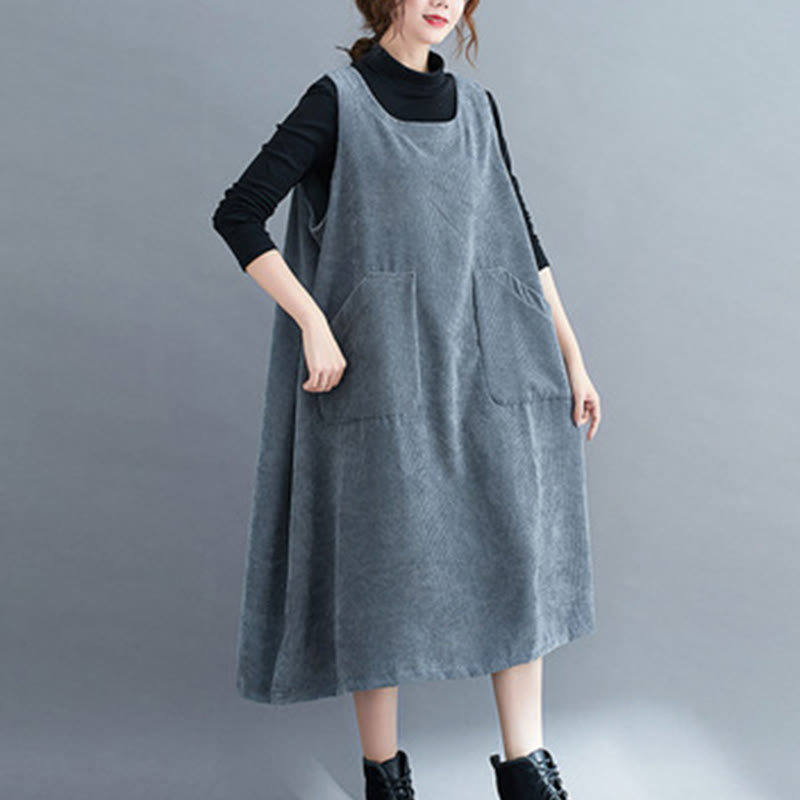 Buddha Stones Commute Crew Neck Women's Sleeveless Cotton Corduroy Midi Dress With Pockets