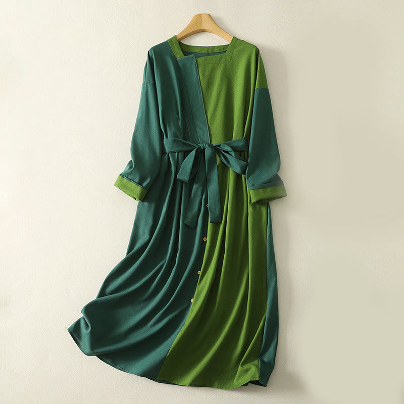 Buddha Stones Patched Color Block Desgin Cotton Women's Long Sleeve Midi Dress With Pockets