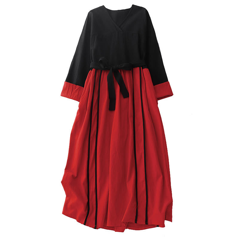 Buddha Stones Color Block Lace-Up Desgin Women's Long Sleeve Midi Dress With Pockets