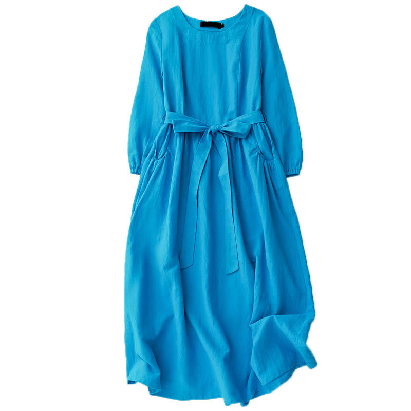 Buddha Stones Plain Long Sleeve Lace-up Desgin Women's Cotton Midi Dress With Pockets