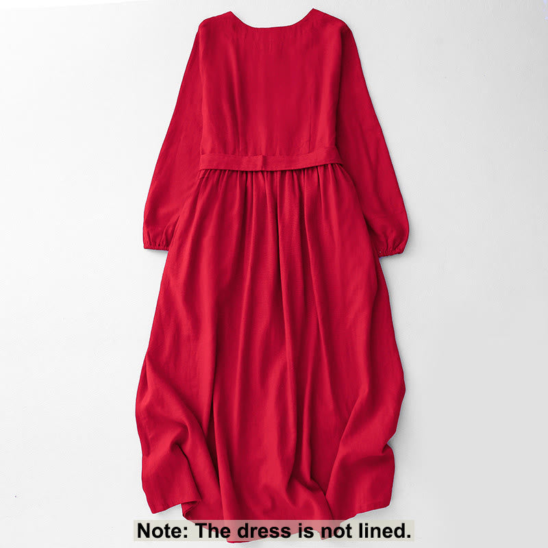 Buddha Stones Plain Long Sleeve Lace-up Desgin Women's Cotton Midi Dress With Pockets