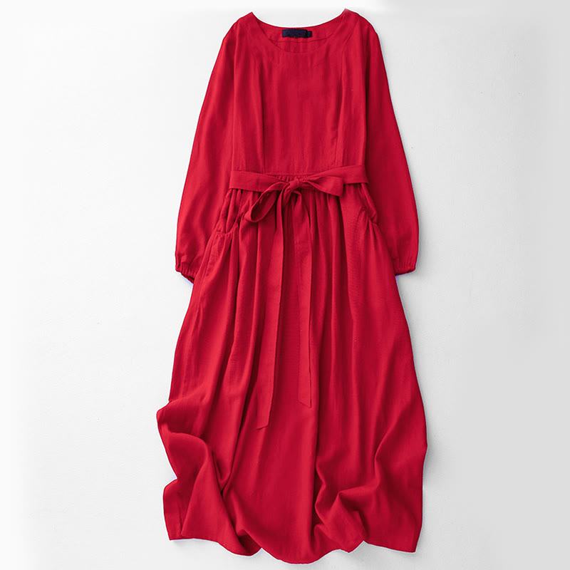 Buddha Stones Plain Long Sleeve Lace-up Desgin Women's Cotton Midi Dress With Pockets
