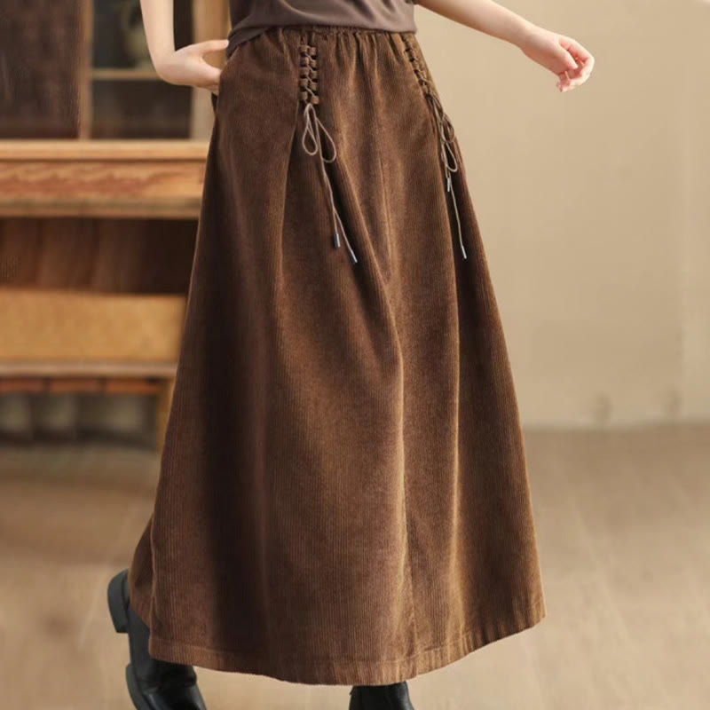 Buddha Stones Women's Plain Cotton Corduroy 7-8 Length Skirt With Pockets