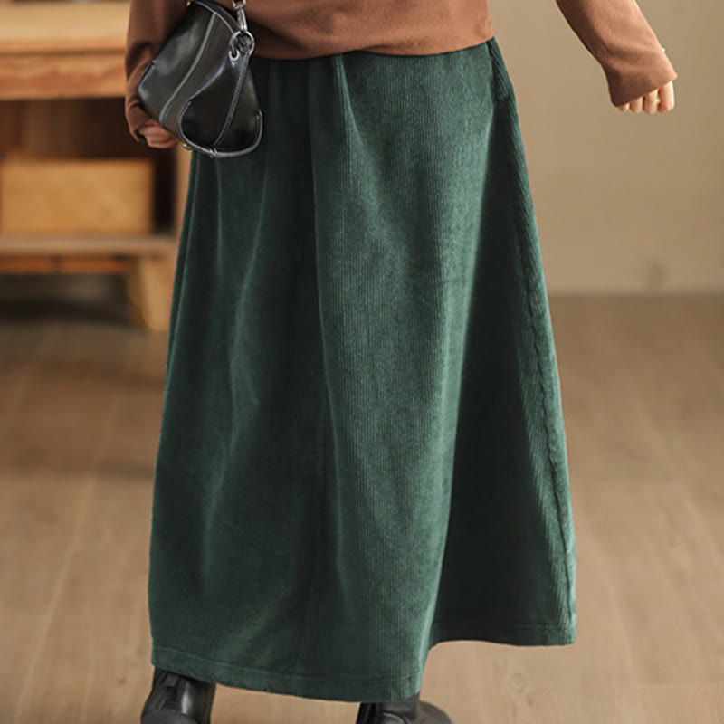 Buddha Stones Women's Plain Cotton Corduroy 7-8 Length Skirt With Pockets