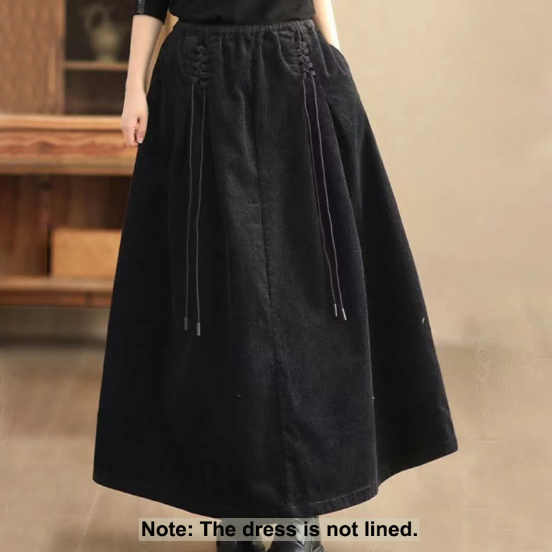 Buddha Stones Women's Plain Cotton Corduroy 7-8 Length Skirt With Pockets