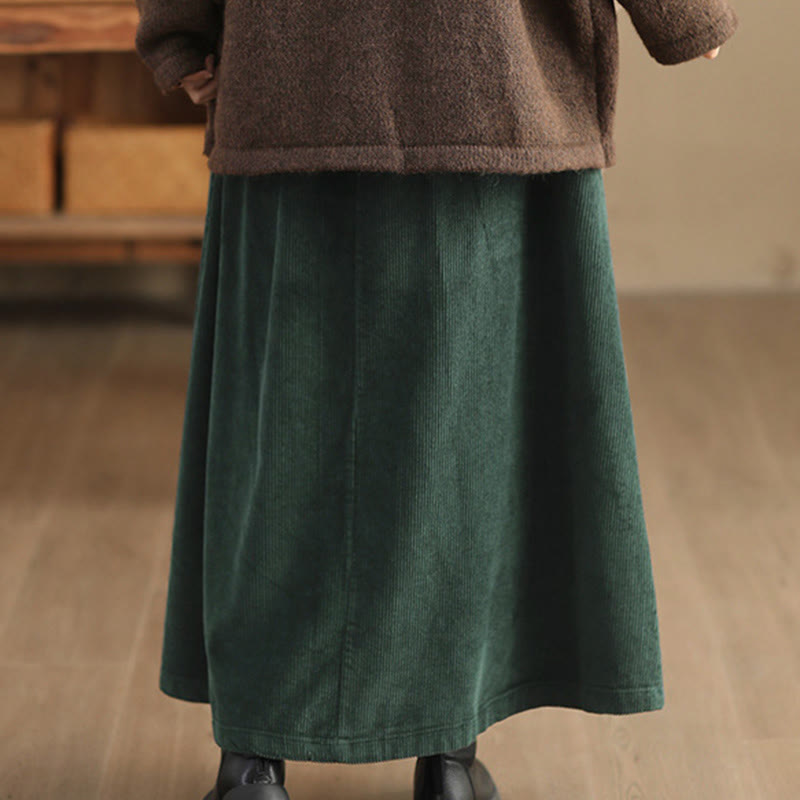 Buddha Stones Women's Plain Cotton Corduroy 7-8 Length Skirt With Pockets