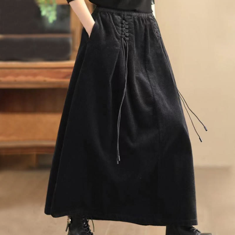 Buddha Stones Women's Plain Cotton Corduroy 7-8 Length Skirt With Pockets
