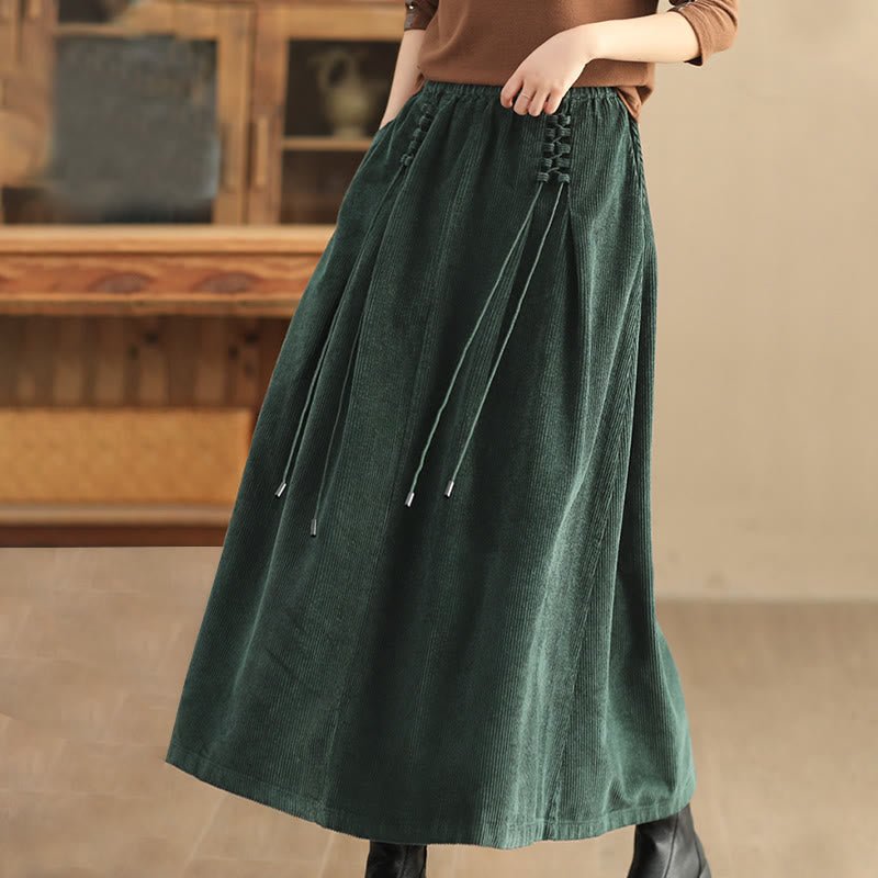 Buddha Stones Women's Plain Cotton Corduroy 7-8 Length Skirt With Pockets