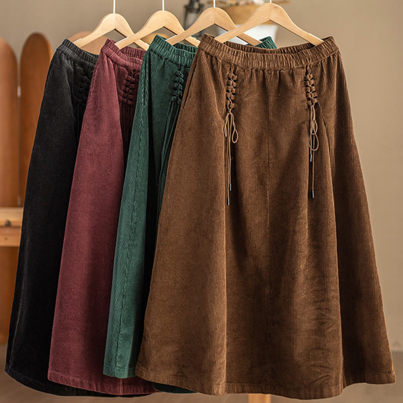 Buddha Stones Women's Plain Cotton Corduroy 7-8 Length Skirt With Pockets