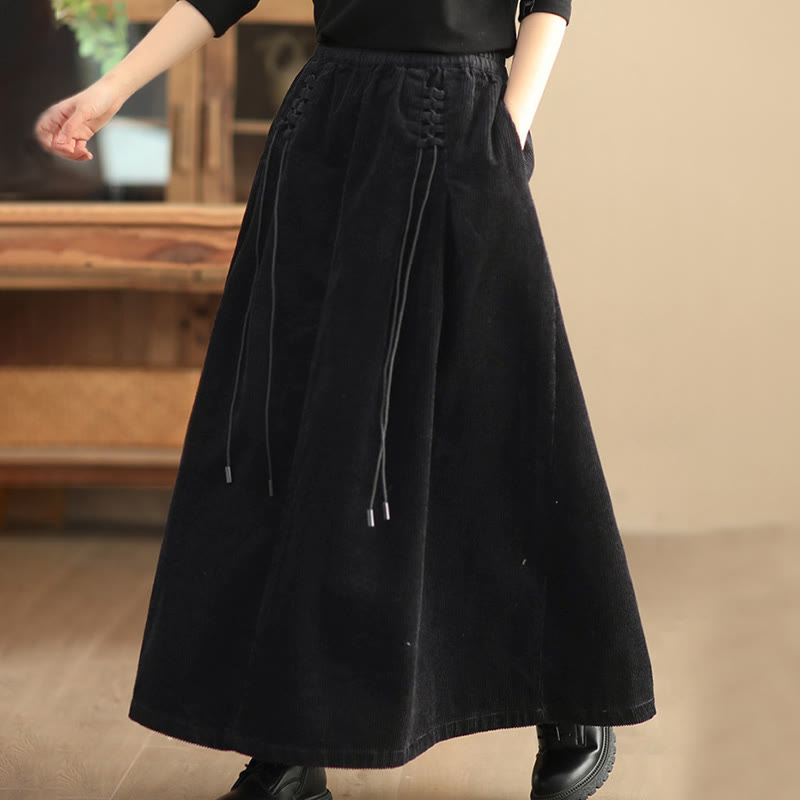 Buddha Stones Women's Plain Cotton Corduroy 7-8 Length Skirt With Pockets