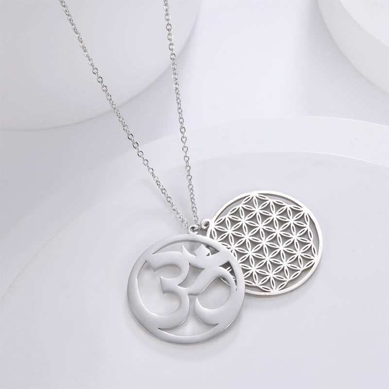 Buddha Stones Om Symbol Hollow Flower Design Stainless Steel Connection Necklace Pendant